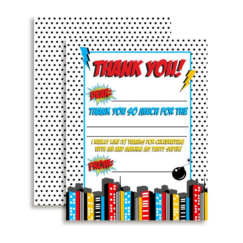 Amanda Creation Super Hero Birthday Thank You Cards for Boys 10 Pack 4" x 5.5" Fill-In Thank You Notes with Envelopes, Kids Party Stationery Set, Fun Hero Design, Made in USA by Amanda Creation - Image 1